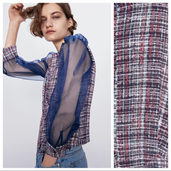 NWT Zara Tweed Blouse with Organza Sleeves Size S. - Picture 4 of 9